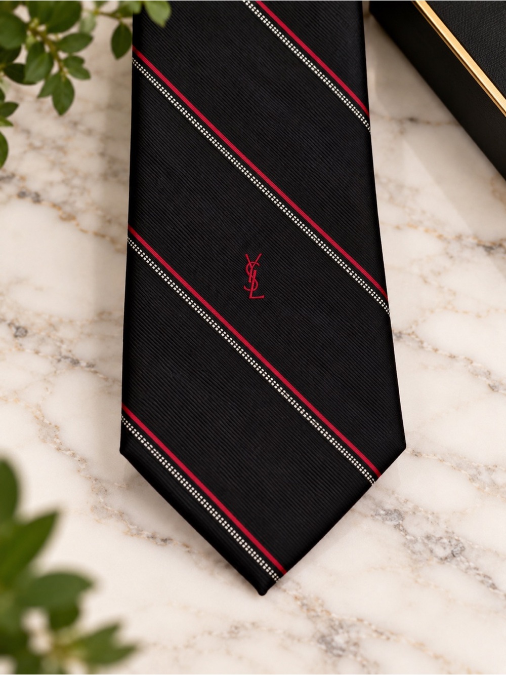 Vintage Yves Saint Laurent YSL Black Red Striped Logo Tie 56”